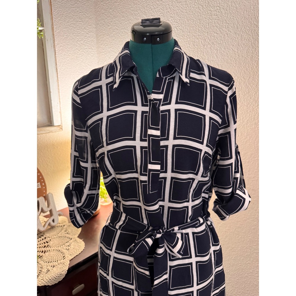 Laundry by Shelli Segal Dress Size 6 Navy White Geometric Belted Shirt Dress - Picture 2 of 10